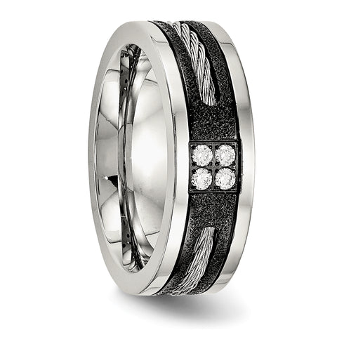 Stainless Steel Polished Laser Cut Blk IP Wire Inlay CZ Band