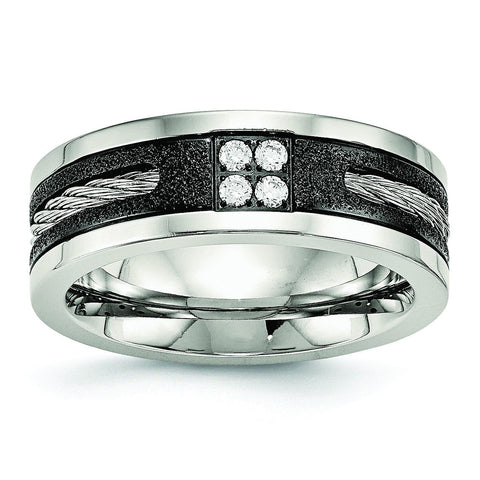 Stainless Steel Polished Laser Cut Blk IP Wire Inlay CZ Band - shirin-diamonds