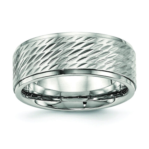 Stainless Steel Polished w/Brushed Center Ridged Edge Diamond Cut Ring - shirin-diamonds