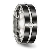 Stainless Steel Polished Black IP Grooved CZ Comfort Back Ring