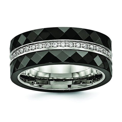 Stainless Steel Polished Faceted Black Ceramic CZ Ring - shirin-diamonds
