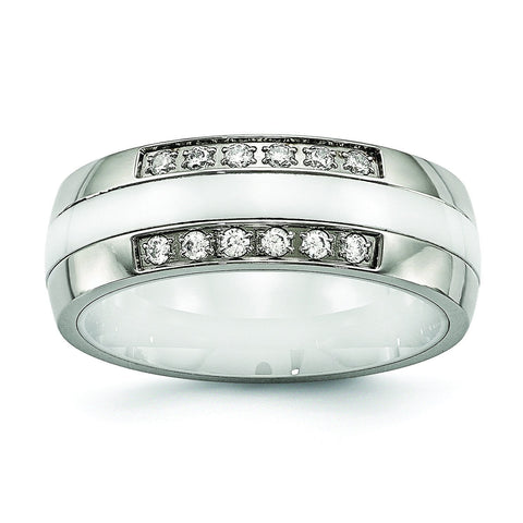 Stainless Steel Polished White Ceramic CZ Ring - shirin-diamonds