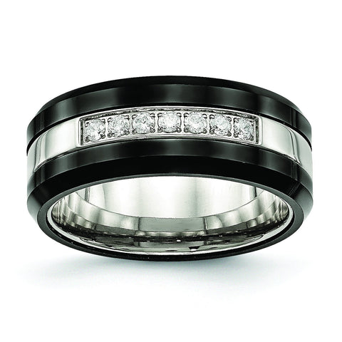 Stainless Steel Polished Black Ceramic CZ Beveled Edge Ring - shirin-diamonds