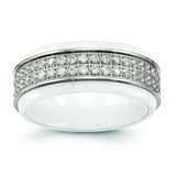 Stainless Steel Polished White Ceramic CZ Ridged edge Ring - shirin-diamonds