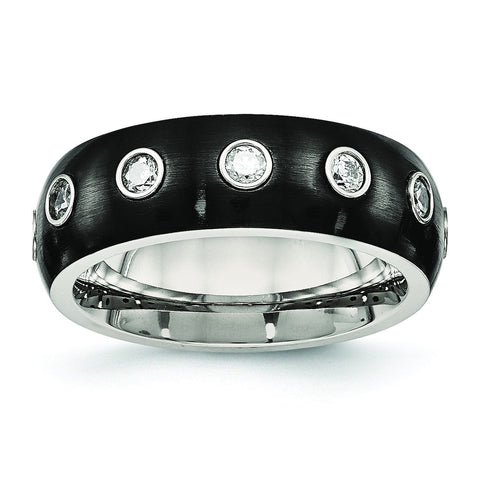 Stainless Steel Brushed and Polished Black IP CZ Half Round Ring - shirin-diamonds