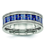 Stainless Steel Polished w/ Blue Carbon Fiber Inlay Textured Edge Ring - shirin-diamonds