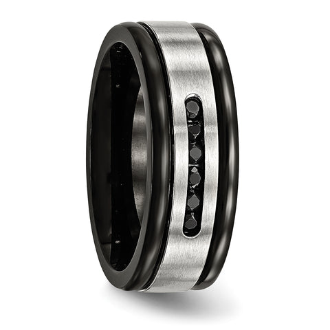 Stainless Steel Brushed/Polished Black IP Grooved Blk CZ Ring