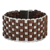 Stainless Steel Polished Woven Brown Leather Bracelet 7 Inch ''Bracelets