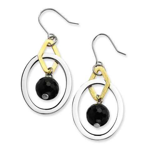 Stainless Steel Yellow IP-plated & Polished Circles w/Onyx Earrings SRE194 - shirin-diamonds