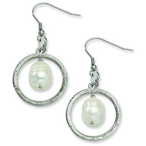 Stainless Steel Circle with FW Cultured Pearl Dangle Earrings SRE210 - shirin-diamonds