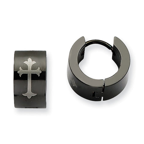 Stainless Steel Black IP-plated Round Hinged Hoop w/ Cross Earrings SRE337 - shirin-diamonds