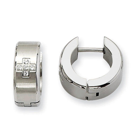 Stainless Steel CZ Brushed & Polished Hinged Hoop Earrings SRE345 - shirin-diamonds