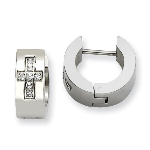 Stainless Steel CZ Cross Brushed & Polished Hinged Hoop Earrings SRE349 - shirin-diamonds