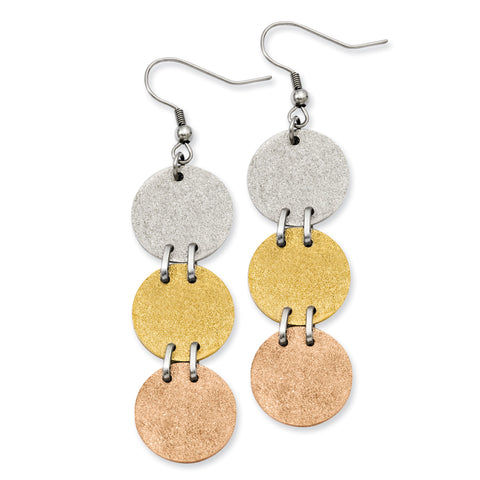 Stainless Steel Tri-Color IP-plated Discs Dangle Earrings SRE524 - shirin-diamonds
