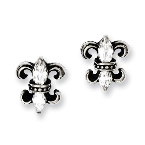 Stainless Steel Antiqued Fleur de lis with CZ Post Earrings SRE598 - shirin-diamonds