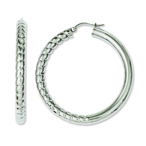Stainless Steel Half Textured & Polished Hollow Hoop Earrings SRE612 - shirin-diamonds