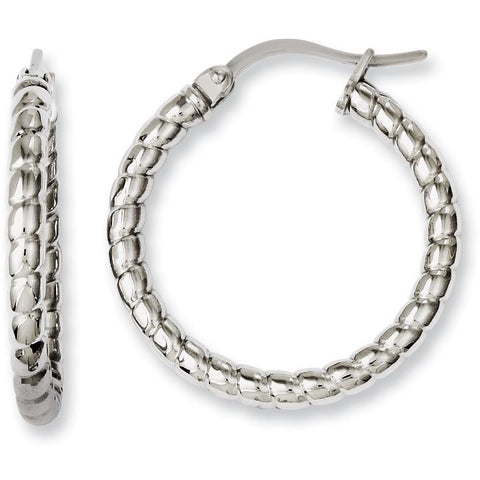 Stainless Steel Textured 20mm Hollow Hoop Earrings SRE647 - shirin-diamonds