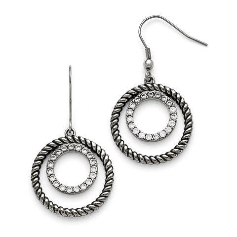 Stainless Steel Polished and Antiqued CZ Circle Dangle Earrings SRE767 - shirin-diamonds