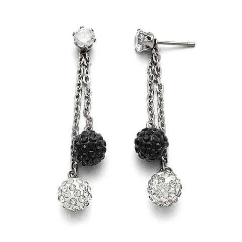 Stainless Steel Polished Black and White Crystal Post Dangle Earrings SRE848 - shirin-diamonds