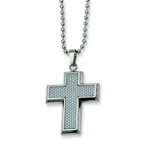 Stainless Steel Polished w/Grey Carbon Fiber Inlay Cross 22in Necklace SRN103 - shirin-diamonds