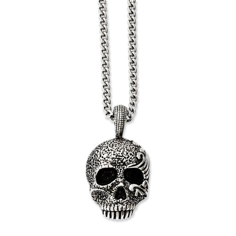 Stainless Steel Antiqued & Textured Skull 24in Necklace SRN1042 - shirin-diamonds
