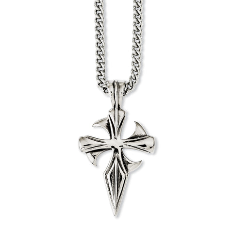 Stainless Steel Polished & Antiqued Dagger Cross 22in Necklace SRN1045 - shirin-diamonds