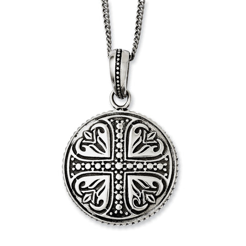Stainless Steel Polished & Antiqued Cross Circle 22in Necklace SRN1057 - shirin-diamonds