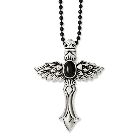 Stainless Steel Antiqued Cross w/Wings & Black Stone 24in Necklace SRN1058 - shirin-diamonds
