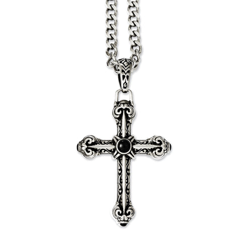 Stainless Steel Antiqued Cross w/Synthetic Black Agate 24in Necklace SRN1059 - shirin-diamonds