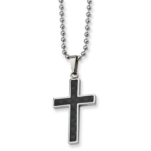 Stainless Steel Polished w/Carbon Fiber Inlay Cross 22in Necklace SRN108 - shirin-diamonds