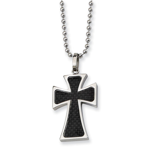 Stainless Steel Polished Carbon Fiber Inlay 22in Cross Necklace SRN110 - shirin-diamonds