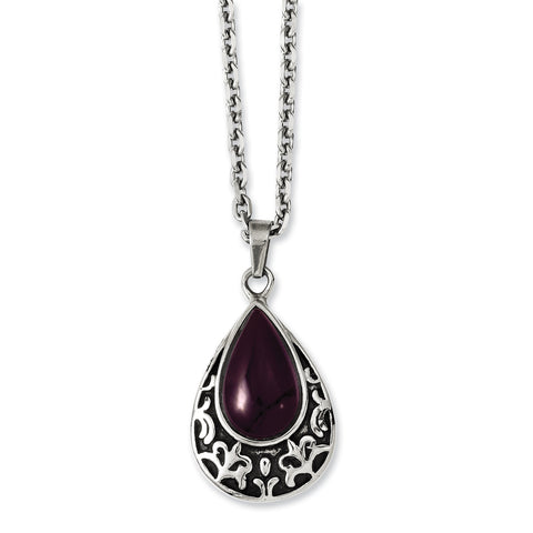 Stainless Steel Antiqued & Purple Cat's Eye Teardrop 20in Necklace SRN1132 - shirin-diamonds