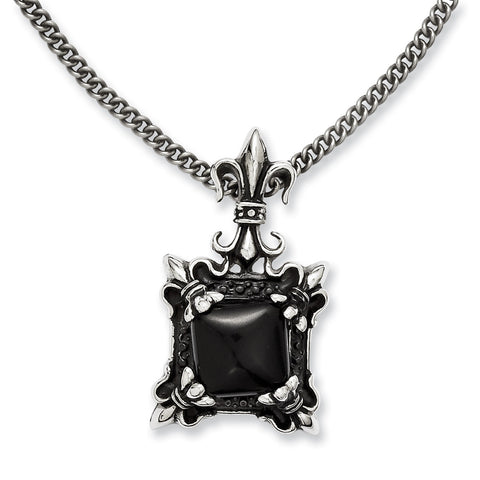 Stainless Steel Antiqued & Black Agate & Fleur de lis Necklace SRN1140 - shirin-diamonds