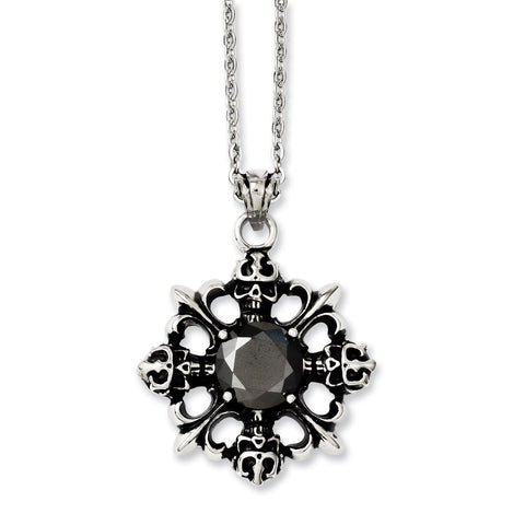 Stainless Steel Skulls & Fleur de lis w/Black CZ 22in Necklace SRN1142 - shirin-diamonds