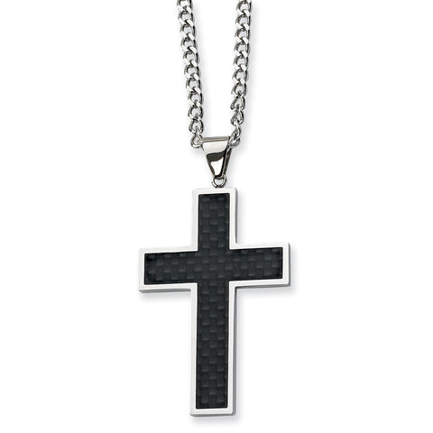 Stainless Steel Polished w/Black Carbon Fiber Cross 24in Necklace SRN120 - shirin-diamonds
