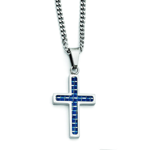 Stainless Steel Blue Carbon Fiber Inlay Polished Small Cross Necklace SRN1301 - shirin-diamonds
