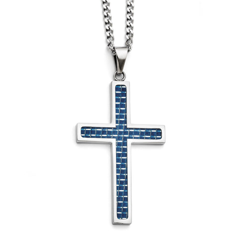 Stainless Steel Blue Carbon Fiber Inlay Polished Large Cross Necklace SRN1302 - shirin-diamonds