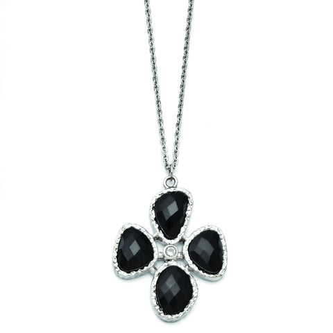 Stainless Steel CZ and Black Onyx Textured Necklace SRN1338 - shirin-diamonds