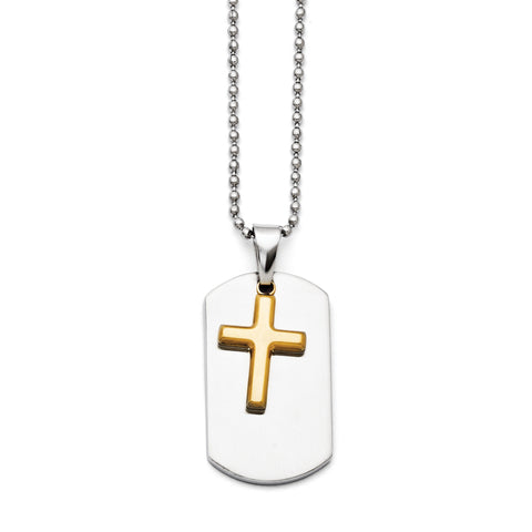 Stainless Steel Polished Dog Tag Yellow IP-plated Brushed Cross Necklace SRN1351 - shirin-diamonds