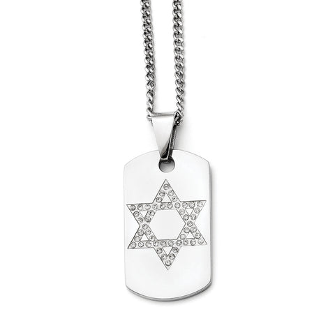Stainless Steel Star of David CZ Dog Tag Polished Necklace SRN1356 - shirin-diamonds