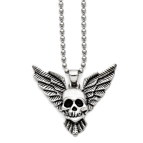 Stainless Steel Antiqued Skull with Wings Polished Necklace SRN1364 - shirin-diamonds