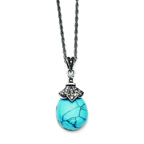 Stainless Steel Simulated Turquoise/Marcasite Antiqued Necklace SRN1371 - shirin-diamonds