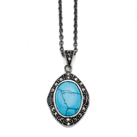Stainless Steel Simulated Turquoise/Marcasite Antiqued Necklace SRN1374 - shirin-diamonds
