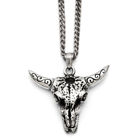 Stainless Steel Polished and Antiqued Animal Skull Necklace SRN1383 - shirin-diamonds