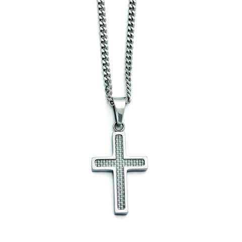 Stainless Steel Polished w/Grey Carbon Fiber Inlay Small Cross Necklace SRN1409 - shirin-diamonds