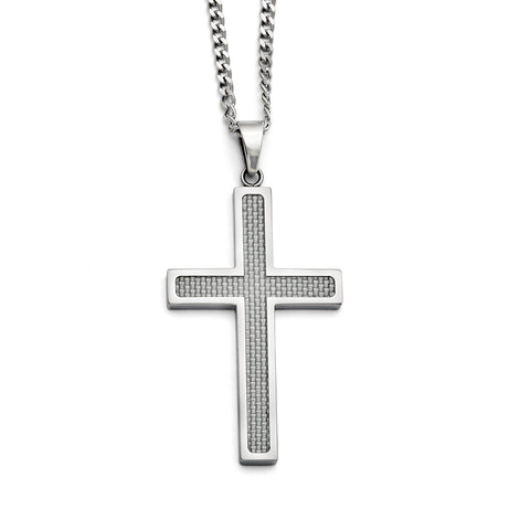 Stainless Steel Polished Grey Carbon Fiber Inlay Large Cross 20in Necklace SRN1410 - shirin-diamonds