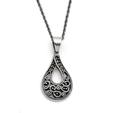 Stainless Steel Textured Teardrop Marcasite Necklace SRN1427 - shirin-diamonds