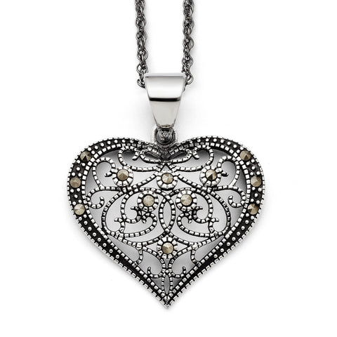 Stainless Steel Marcasite Textured Heart Necklace SRN1429 - shirin-diamonds