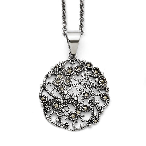 Stainless Steel Marcasite Textured Circle Necklace SRN1432 - shirin-diamonds