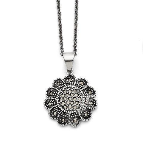 Stainless Steel Textured Flower Marcasite Necklace SRN1433 - shirin-diamonds
